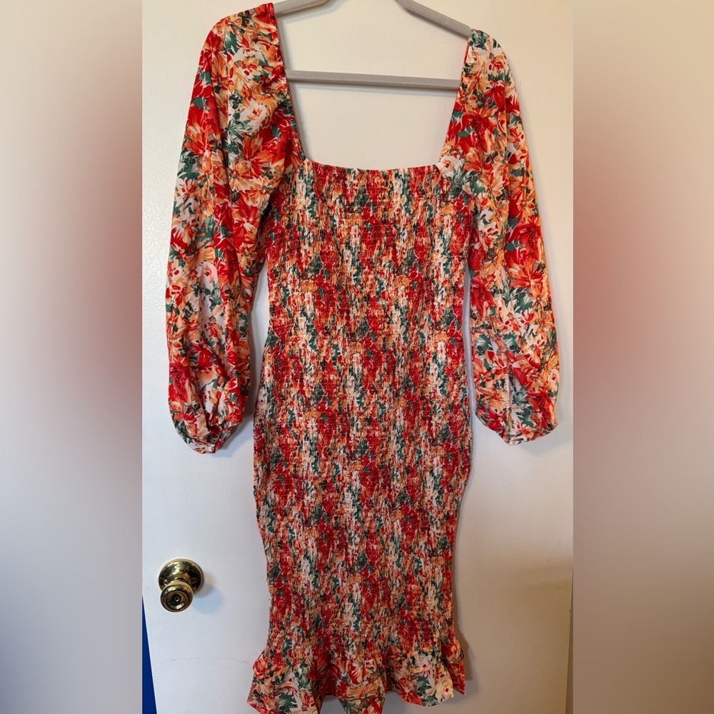 Red and White Sheath Dress with 3/4 Bishop Sleeves Square Neck